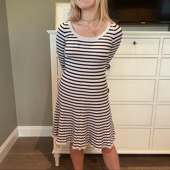 REBECCA TAYLOR white and black knit striped long sleeve knee length midi dress - Picture 2 of 8